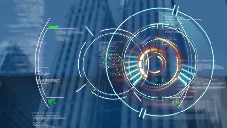 animation of scope scanning and financial data processing over cityscape