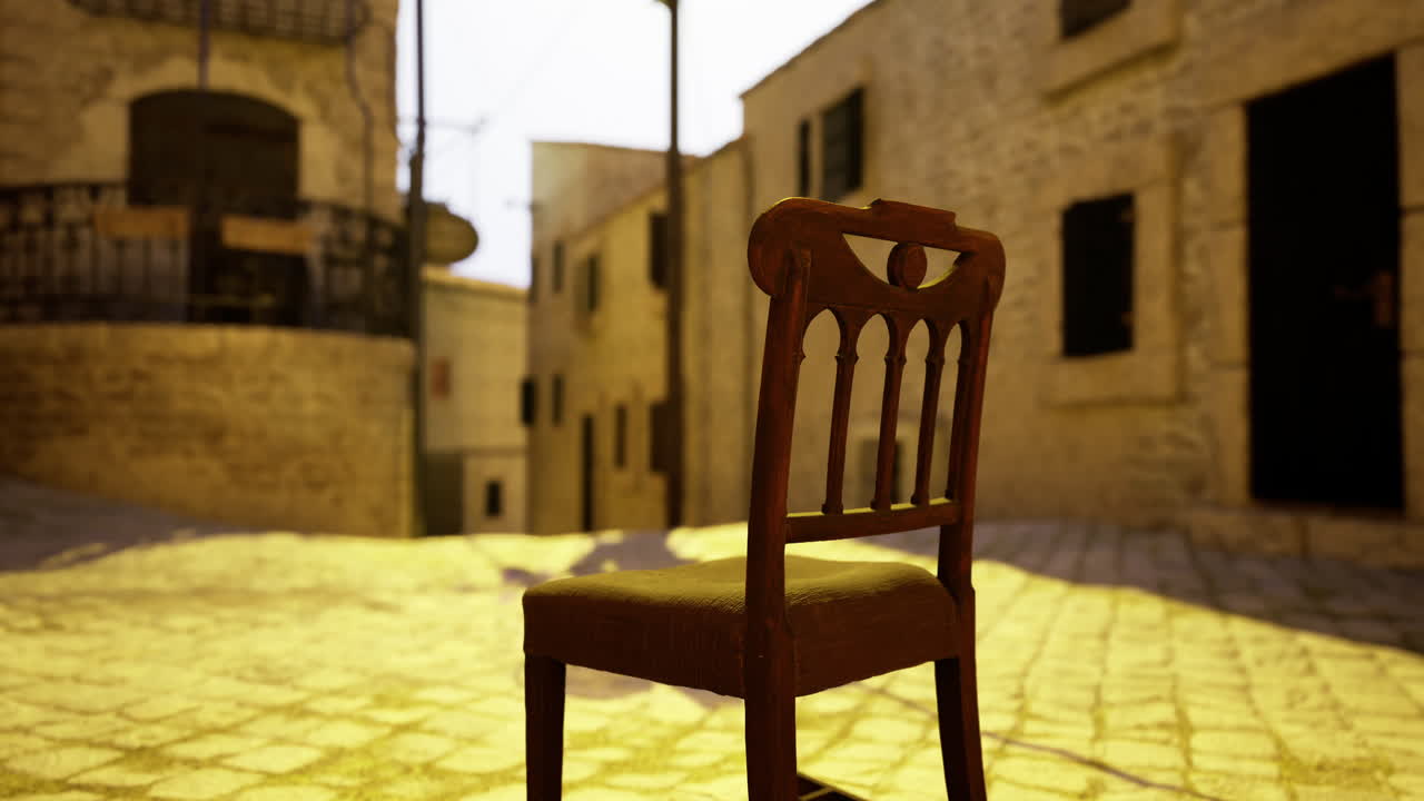 Lonely wooden chair placed on cobblestone street at sunset in an ancient town