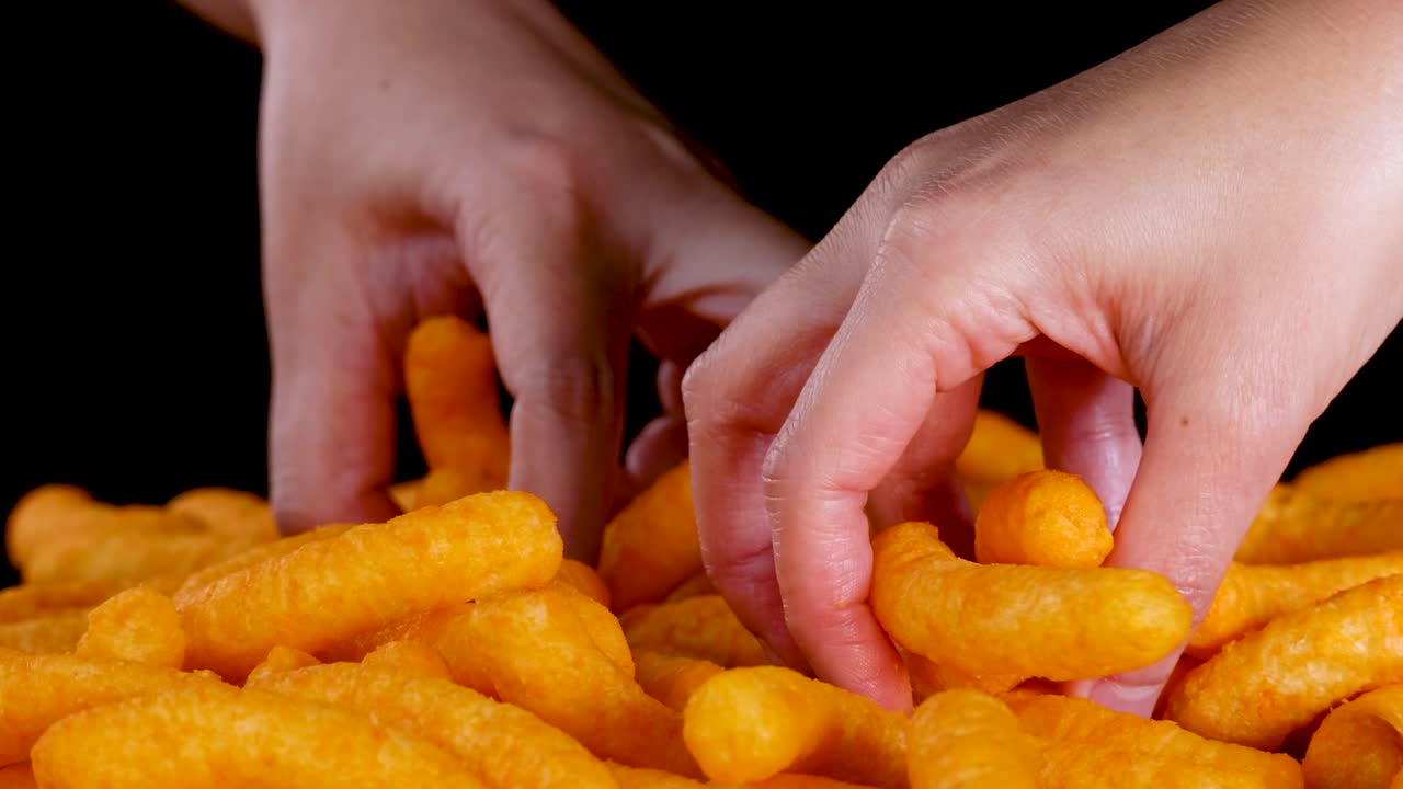 Human hand picks crispy cheese puffs under studio lighting, close-up, black background, smooth camera