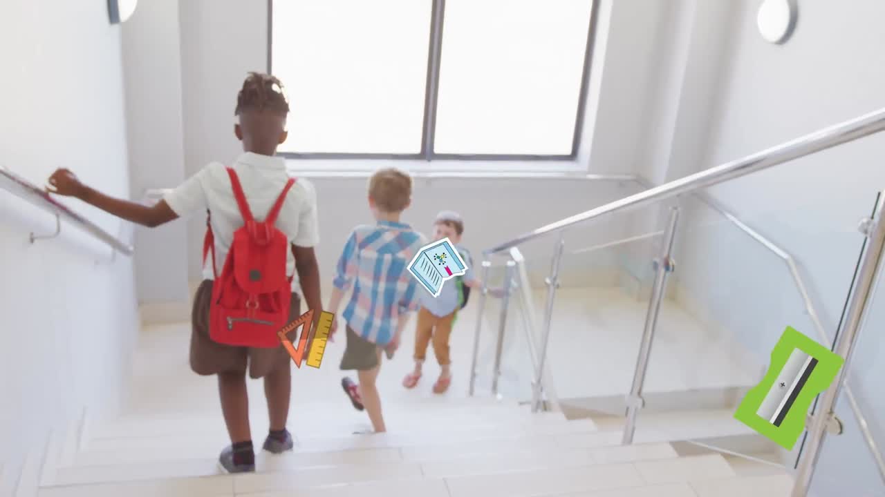 Animation of school item moving over diverse pupils walking on school stairs