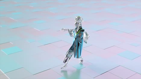 Transparent Glass Figure Walking on a Geometric Pattern
