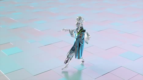 transparent glass figure walking on a geometric pattern