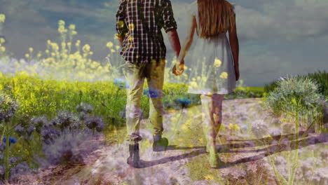 video de luces sobre una pareja caucásica caminando en la naturaleza