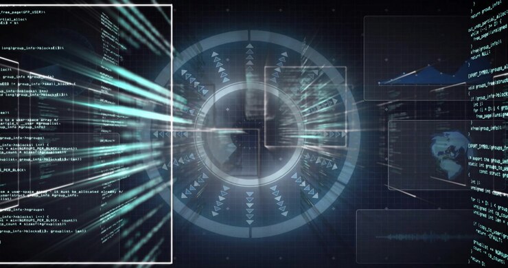 Arrows initiating scan on HUD, code panels sliding in, light streaks intensifying, visualizing data