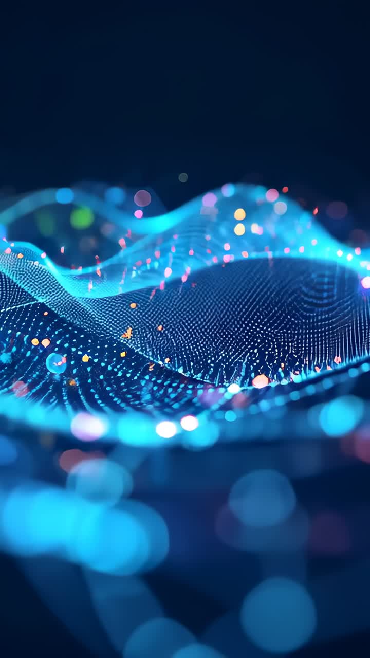 Vertical video: Playing neon-blue wave mesh undulating in void, with vivid glowing orbs drifting