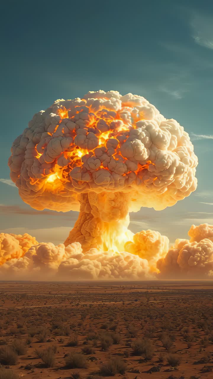 Vertical video: Erupting fireball sending flame column upward over desert, forming mushroom cloud