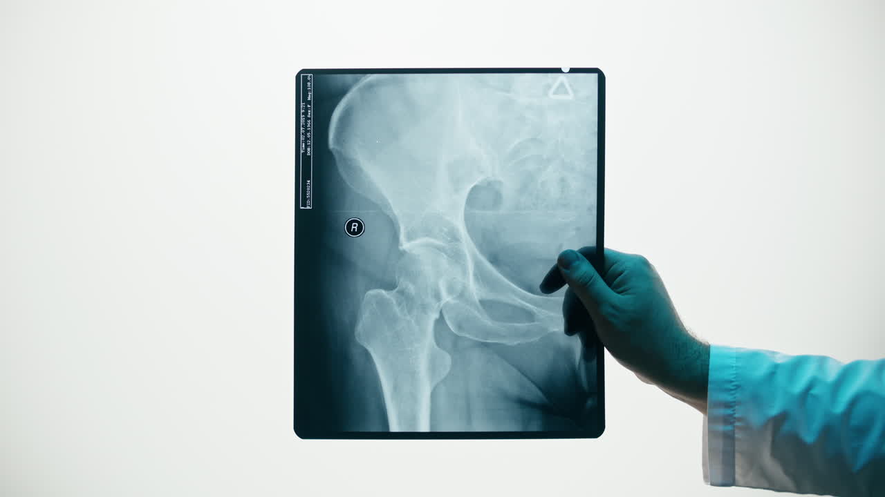 Medico che tiene in mano ed esamina una radiografia dell'anca e del bacino umani.