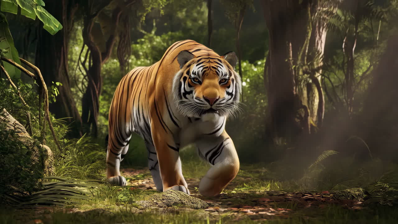 A majestic tiger walks through a lush jungle