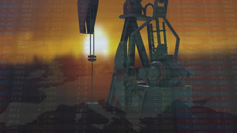 animation of financial data processing over oil rig and sunset