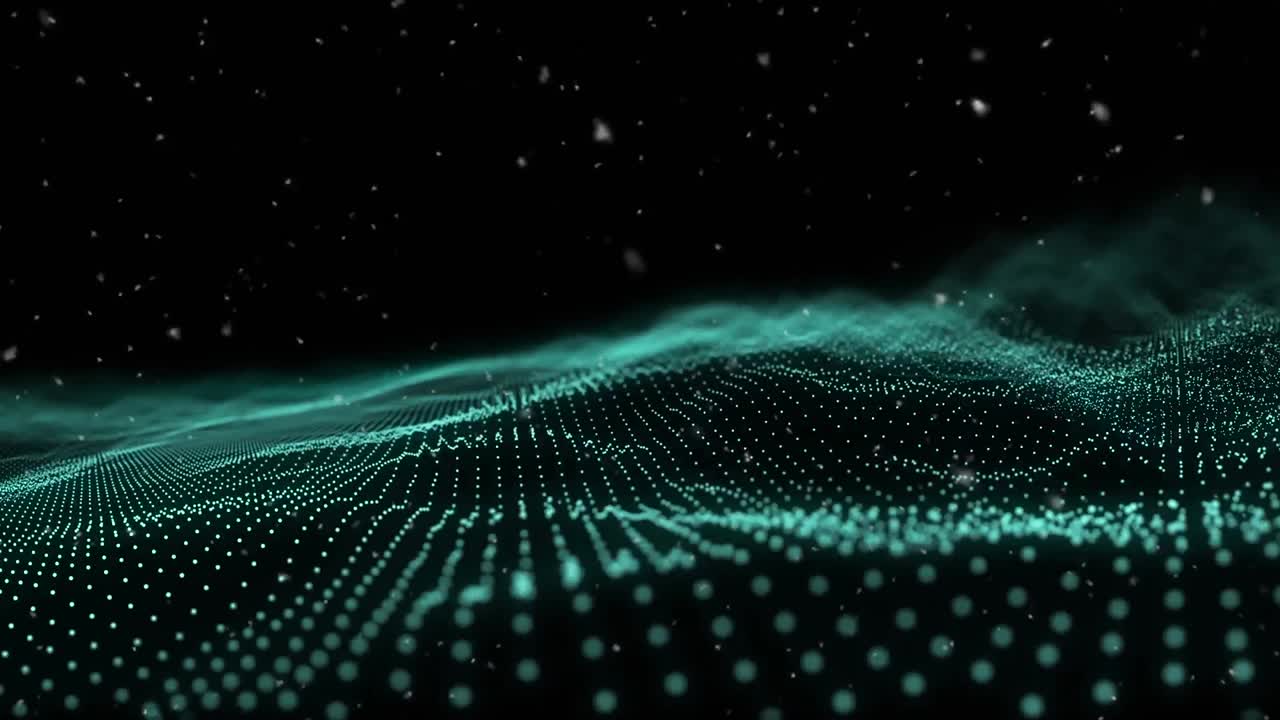 Animation of gold snow falling over blue moving wave
