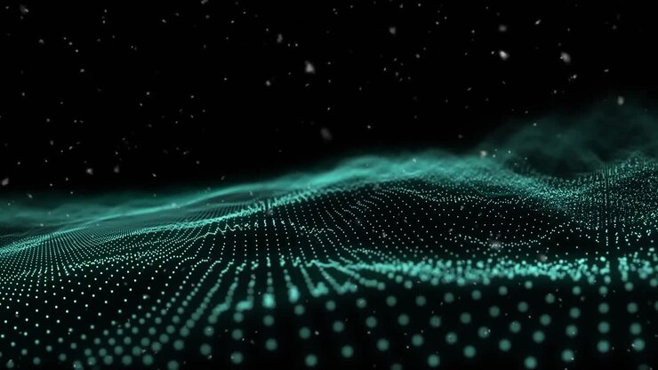 Animation of gold snow falling over blue moving wave