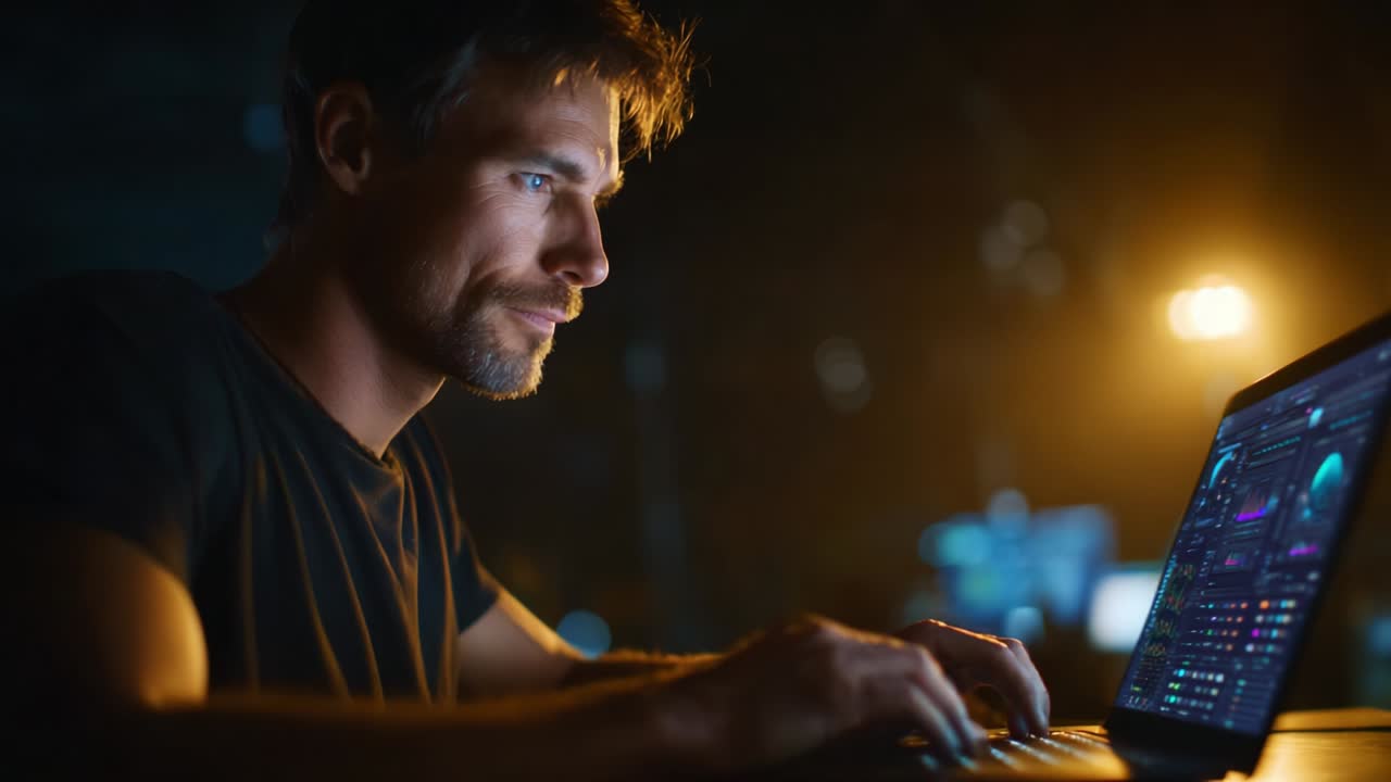 Thoughtful Programmer Engaged in Code Development at Night with Laptop, Illuminated by Soft Ambient Light, Showcasing Focused Expression and Digital Environment