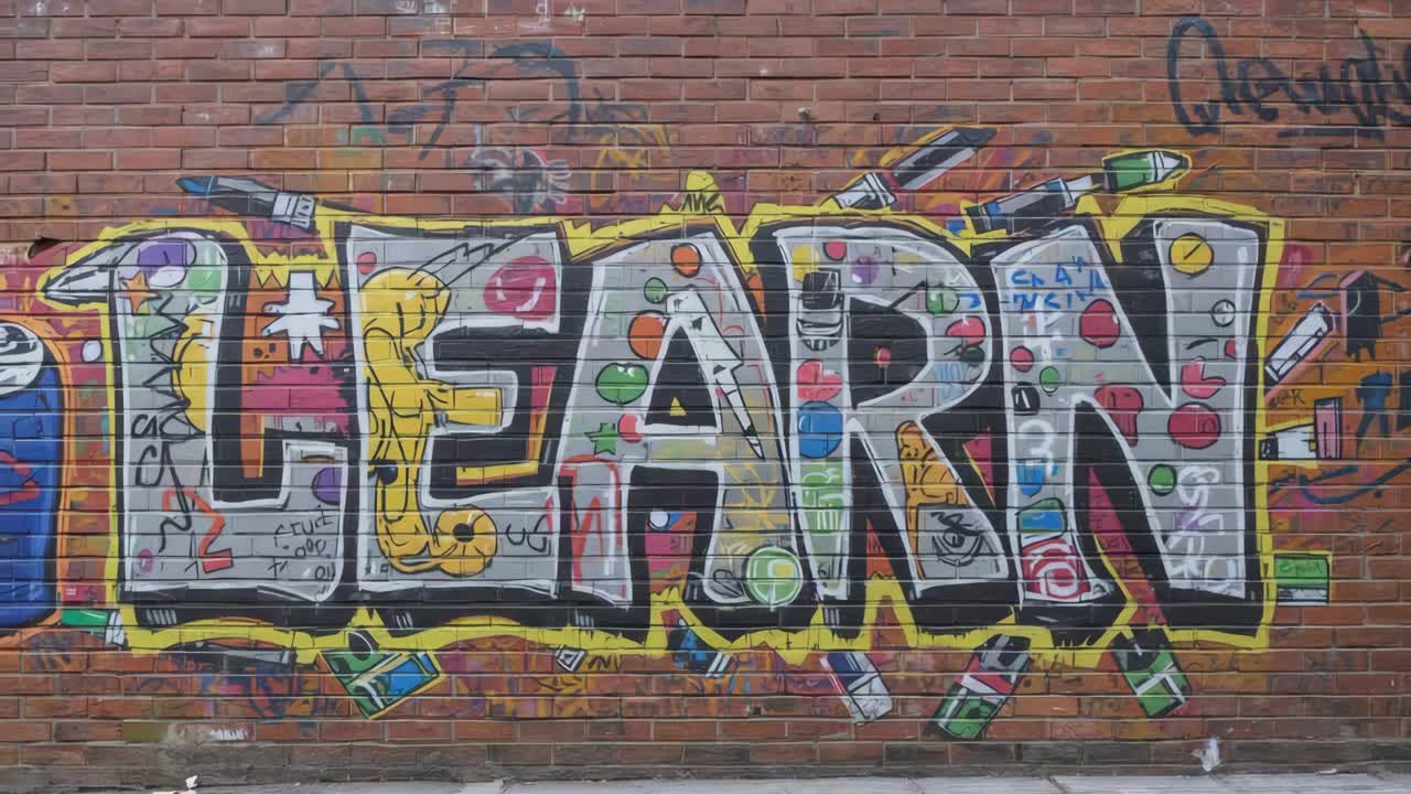 Graffiti art on a brick wall with the word 'LEARN'