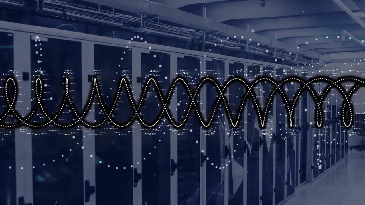 Animated sine wave emerging at corridor edge travelling over server racks visualizing data flow