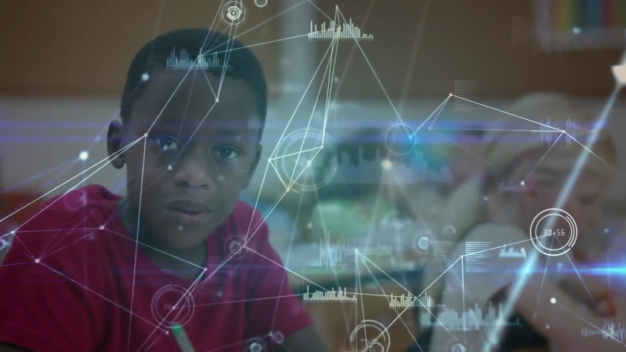 Animation of network of connections over schoolboy writing