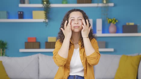 young woman with wrinkles and problems on her skin is unhappy.