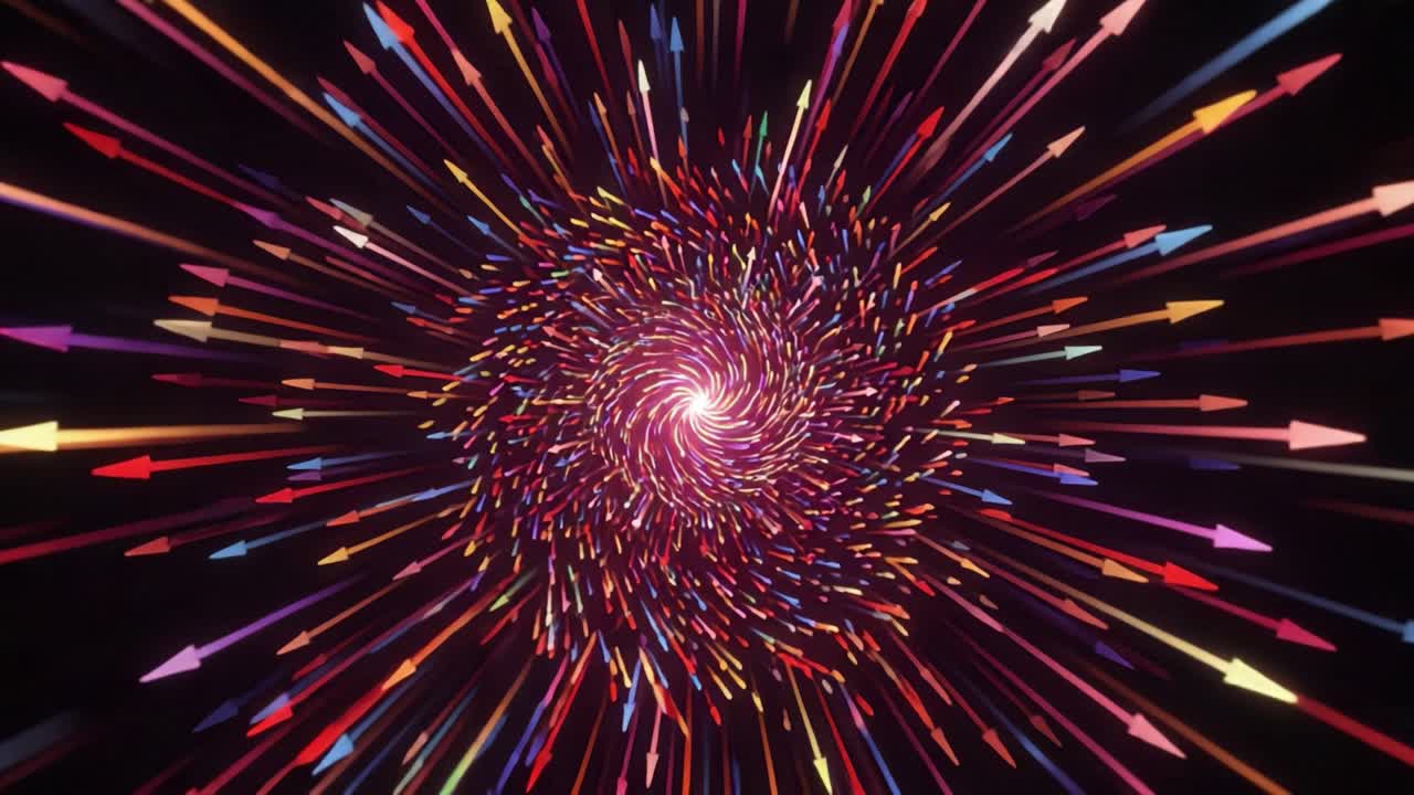 A Captivating Spiral of Vibrant Arrows in Motion, Creating a Dynamic Illusion of Depth and Direction Against a Dark Background