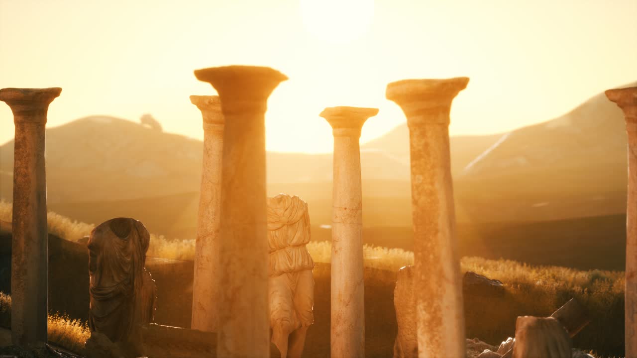 일몰 에 있는 고대 그리스 사원 폐허