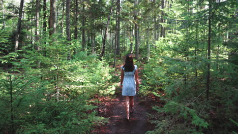 a young woman treks through a beautiful forest in boothbay, maine