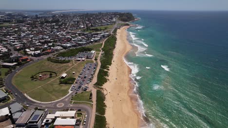 aerial view of merewether beach and dixon park in new south wales, australia - drone shot