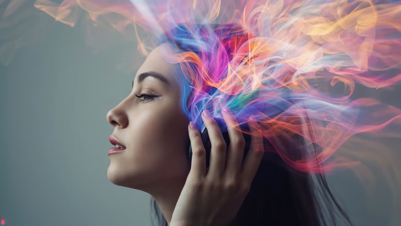 Donna con la mano all'orecchio in cima a una nuvola di fumo colorato che si espande dalla testa in studio