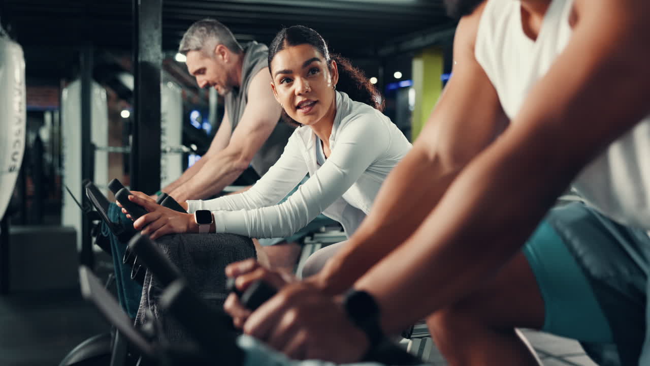 People working out on exercise bikes in the gym
