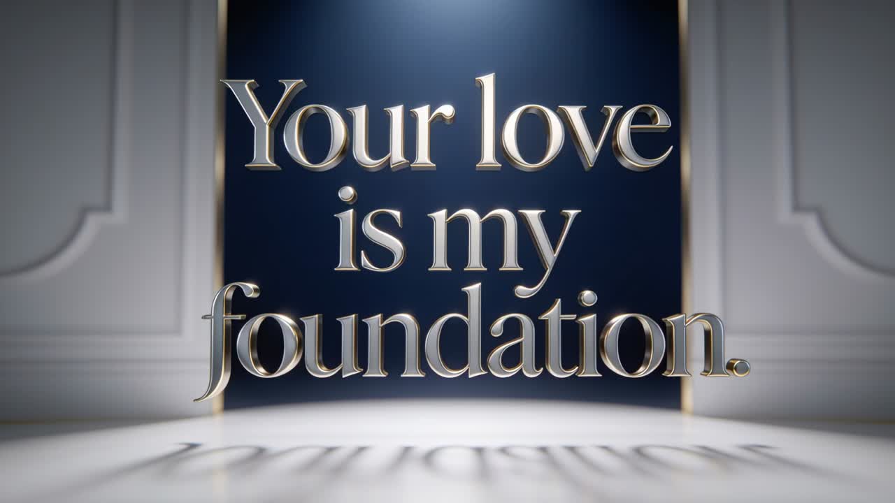 Lighting overhead light casting shimmer across centered 3-line metallic title, highlighting message