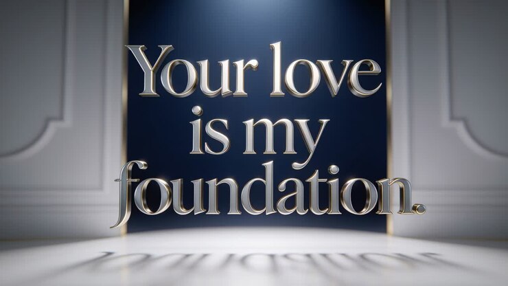 Lighting overhead light casting shimmer across centered 3-line metallic title, highlighting message
