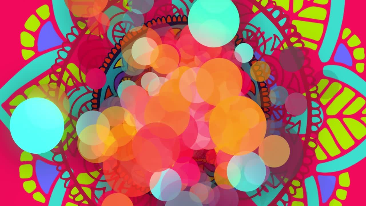 다채로운 회전하는 만달라 위에 무지개 점의 애니메이션