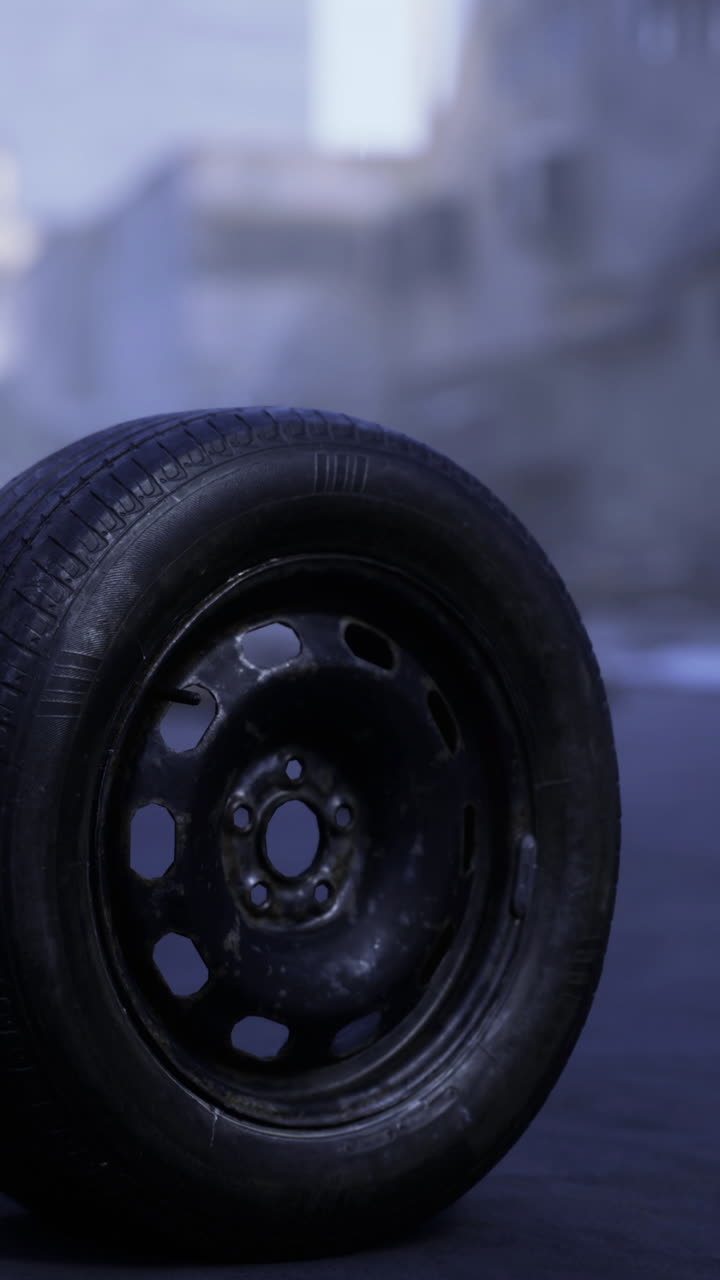 Abandoned tire on a deserted urban street amid crumbling buildings