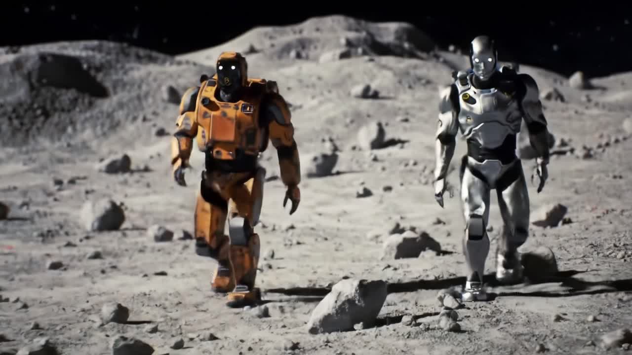 Two Astronauts Exploring the Moon's Surface in Futuristic Space Suits, Capturing the Essence of Human Innovation and Adventure in a Breathtaking Lunar Landscape