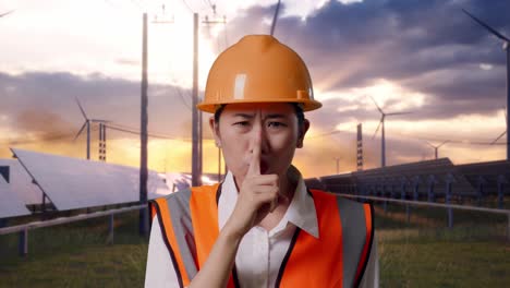 close up of asian female engineer with safety helmet making shh gesture with solar panel and wind turbines