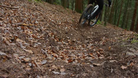 een mountainbike glijdt in slow motion van wat bladeren naar beneden