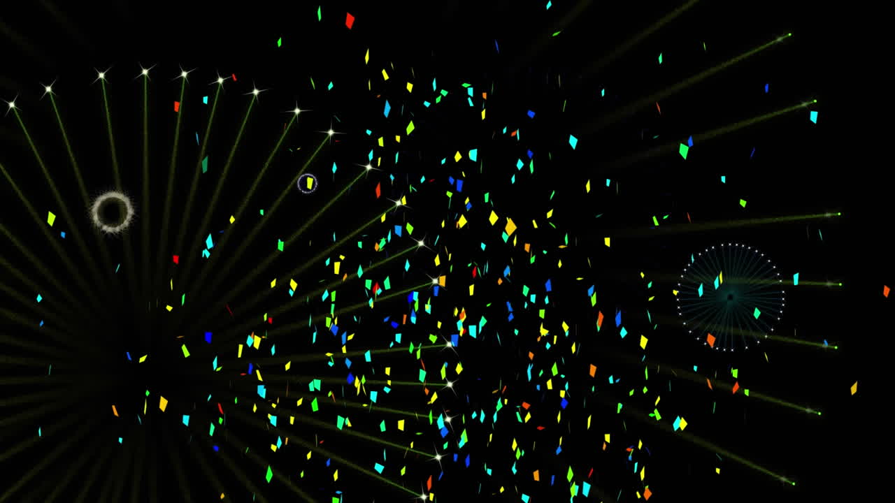 animación de fuegos artificiales y confeti sobre fondo negro