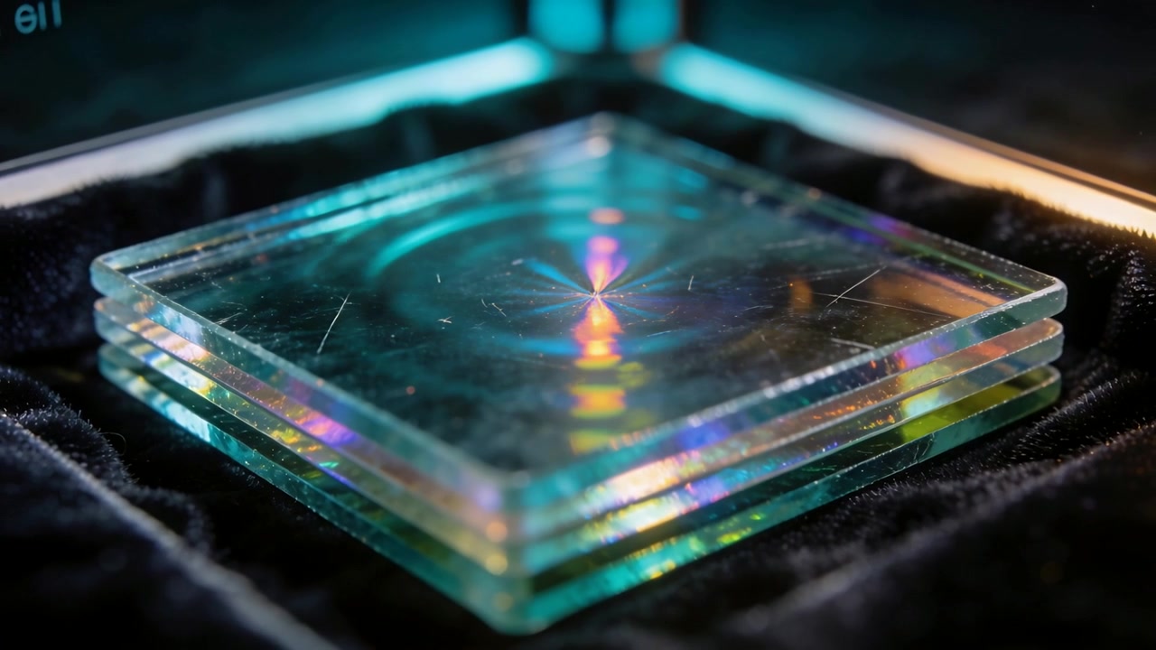Beaming focused light forming rings settling into rainbow band through three glass plates on table