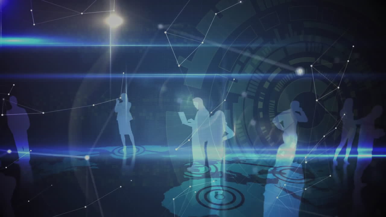 디지털 연결과 데이터 처리 애니메이션을 가진 실루 비즈니스 사람들