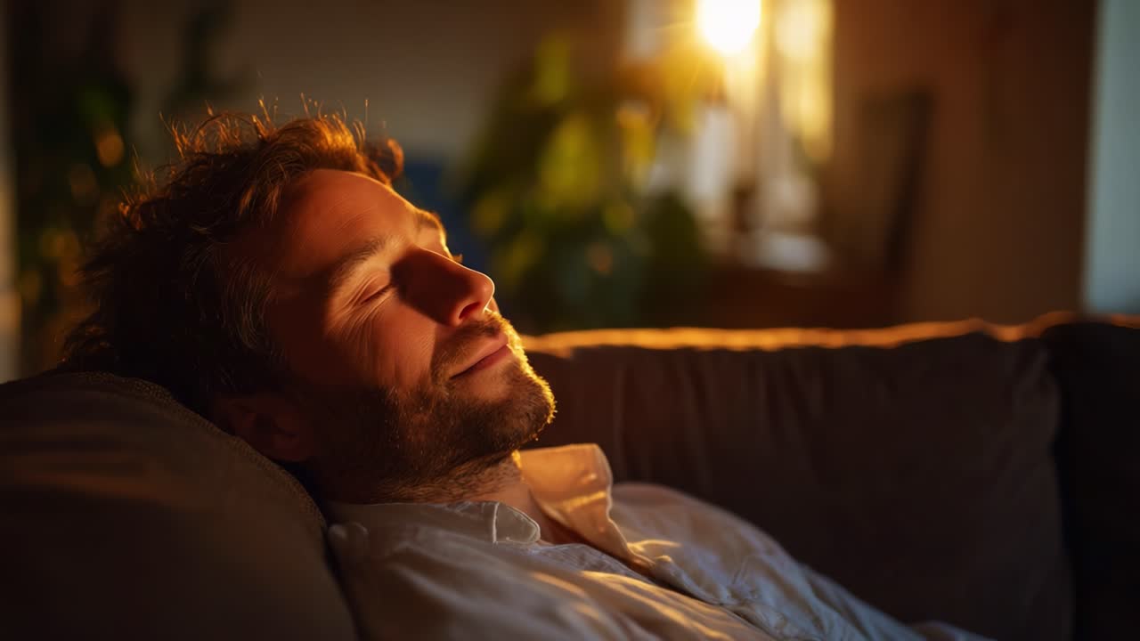 Et roligt øjebliks afslapning: En mand nyder solnedgangens varme lys, mens han hviler behageligt på en sofa i et roligt indendørs miljø