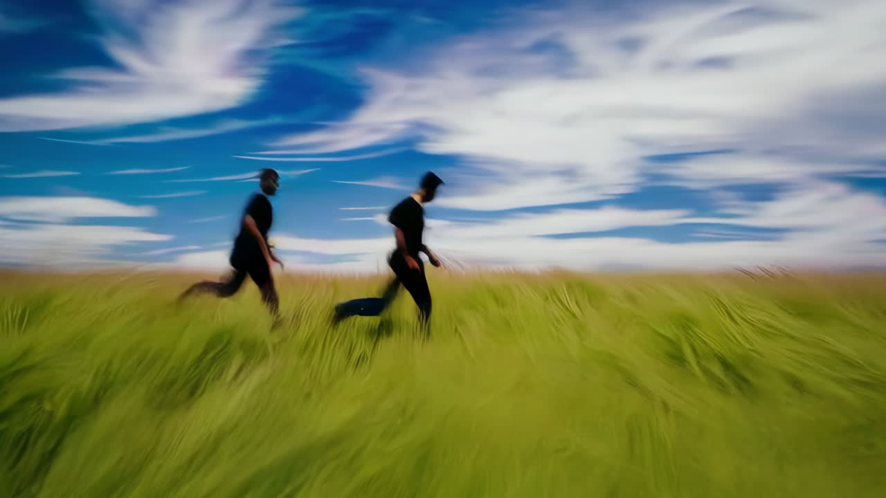Blurred Figures Running Through a Green Field Under a Blue Sky