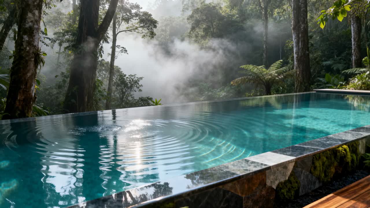 Increspature circolari generate da una piccola onda vicino a sinistra, piscina a sfioro che riflette il sole, nebbia che si alza.