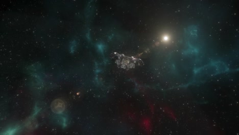 toma de establecimiento de una nave de descenso que pasa volando junto a la cámara en el espacio profundo