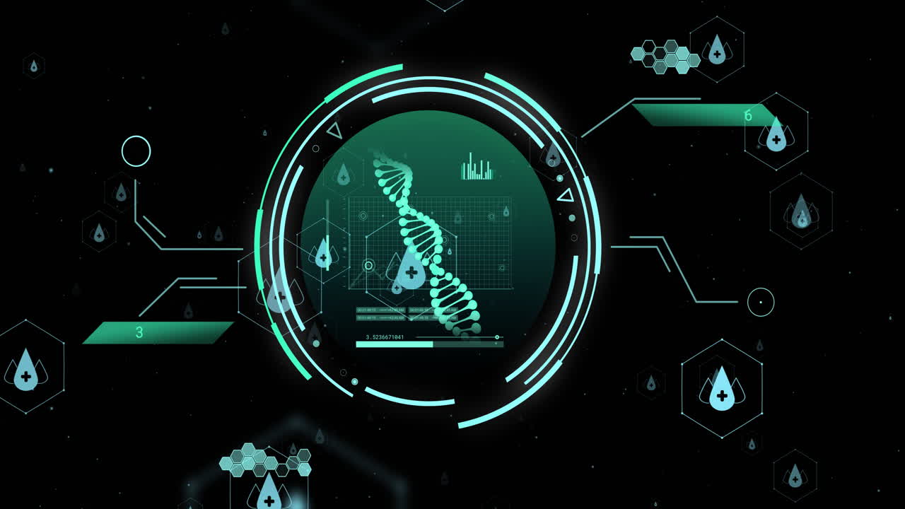 DNA strand and data analysis animation over futuristic digital interface