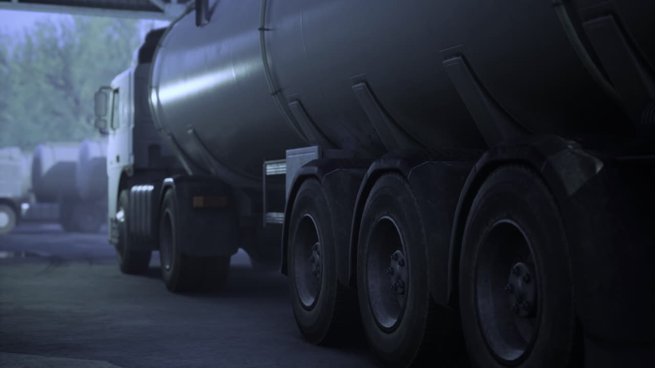 Industrial truck parked in a dimly lit warehouse transporting raw materials