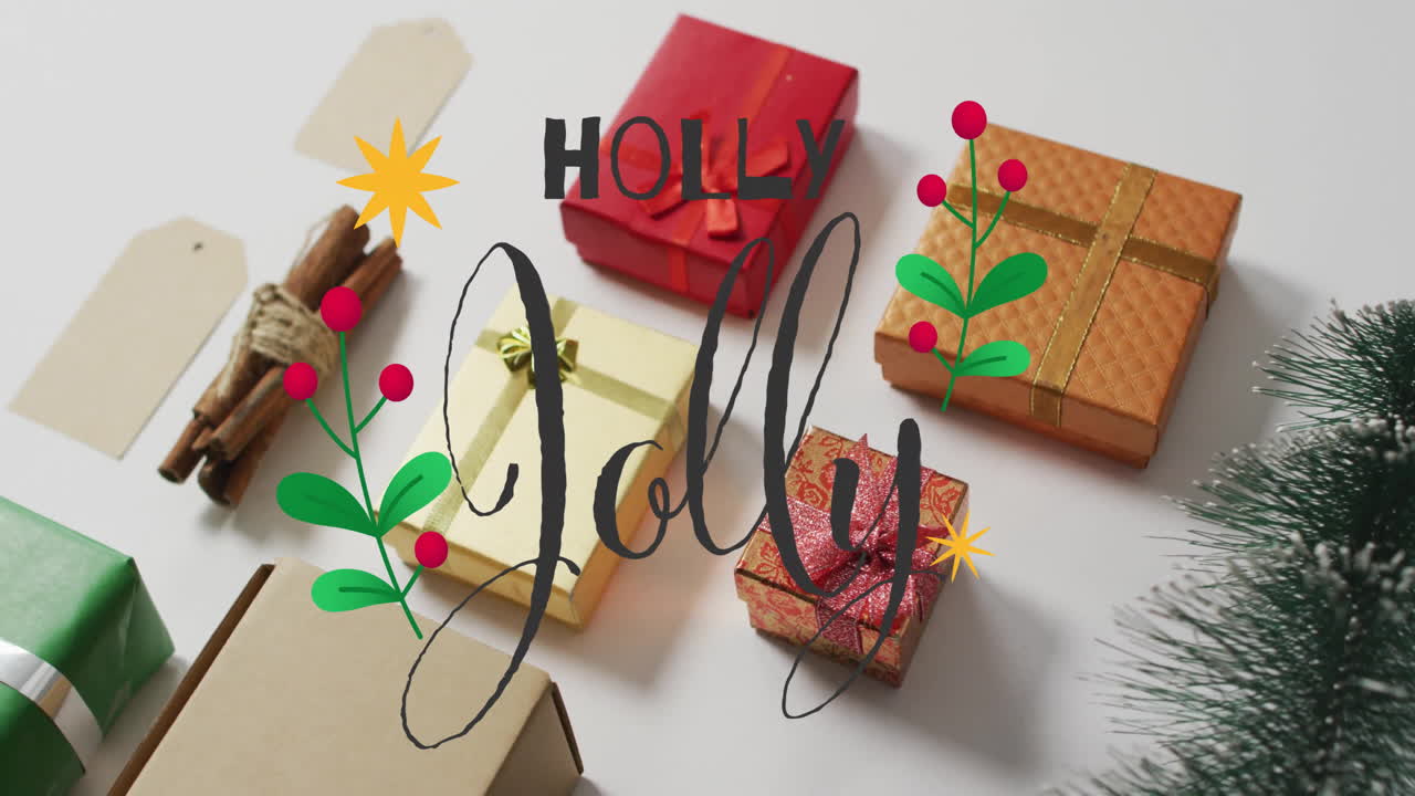 Animation of holly jolly text over christmas gift decorations on white background