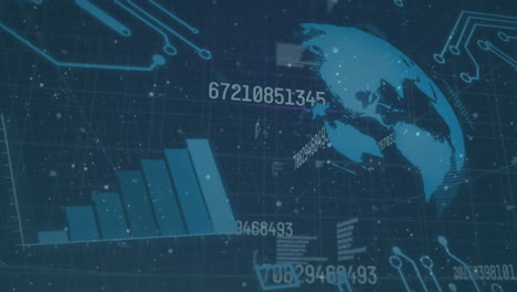 Animation-of-changing-numbers,-graph,-globe,-circuit-board-pattern-over-black-background