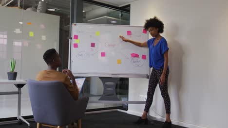 mujer de negocios afroamericana de pie en la pizarra dando una presentación a un colega