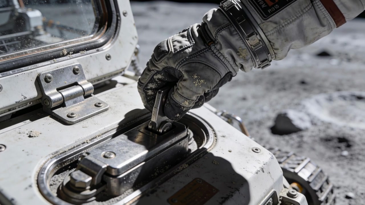 Mão enluvada de astronauta girando uma alavanca de metal no regolito lunar, fixando a carcaça do equipamento