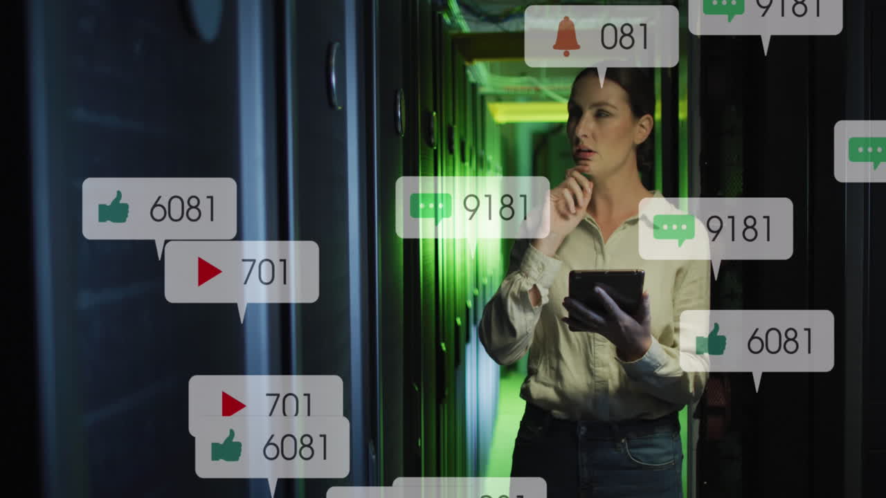 animación de iconos de redes sociales sobre una ingeniera caucásica que usa una tableta digital en la sala del servidor