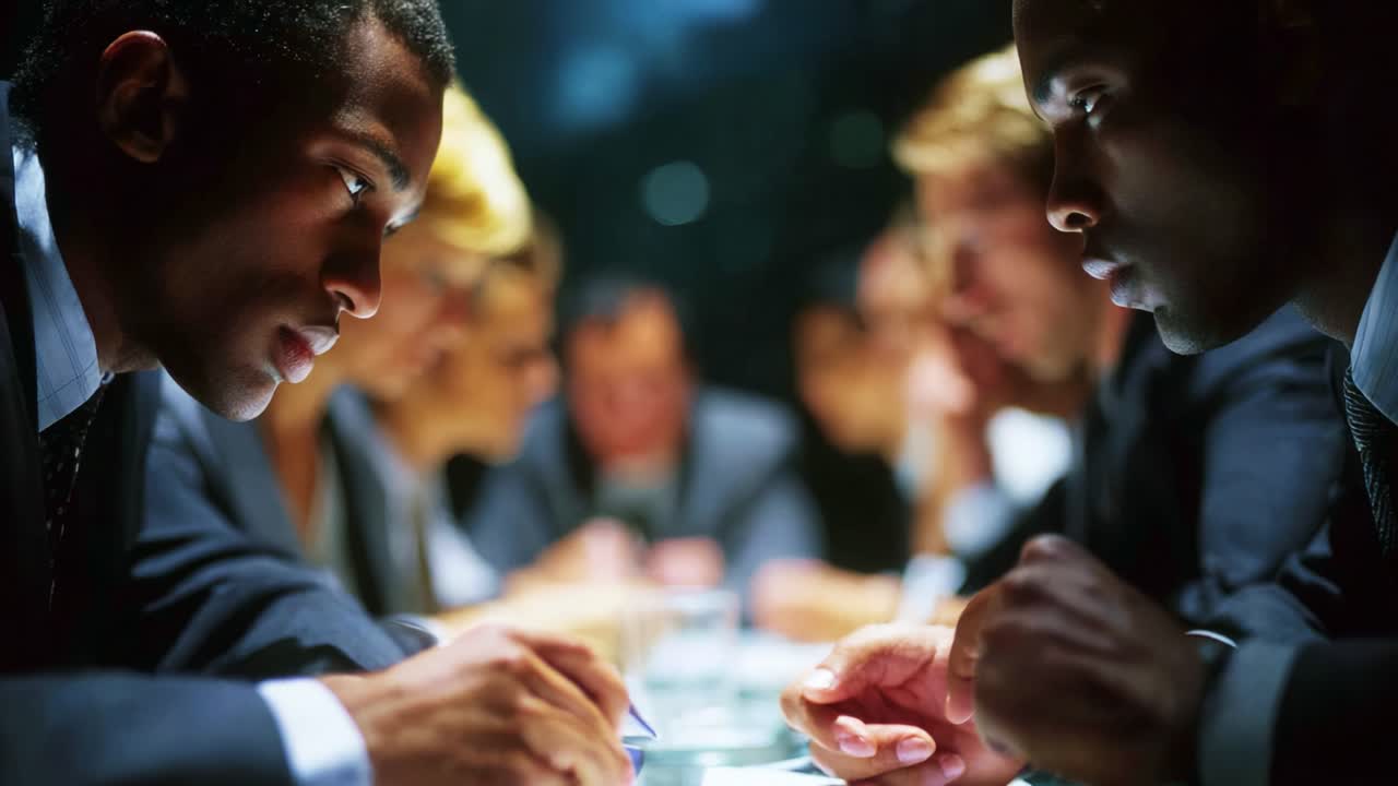 Focused Business Meeting: Two Professionals Engaged in Strategic Discussion Amidst a Group of Colleagues, Enhancing Collaboration in a Corporate Environment