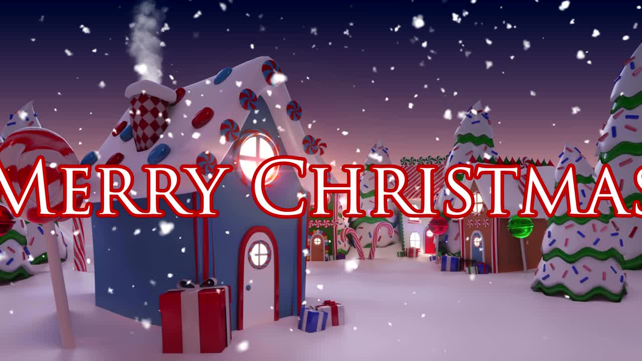 메리 크리스마스 텍스트와 겨울 풍경 위에 내리는 눈