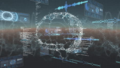 animation of brain over data processing on moving screens